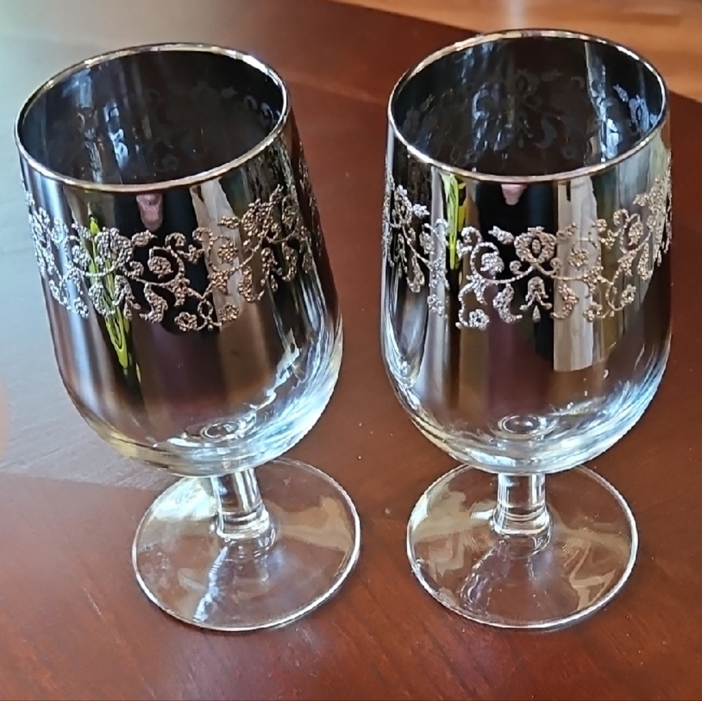 Queen's Lusterware or Toscany Silver Ombre Floral Overlay Wine/Water Glasses